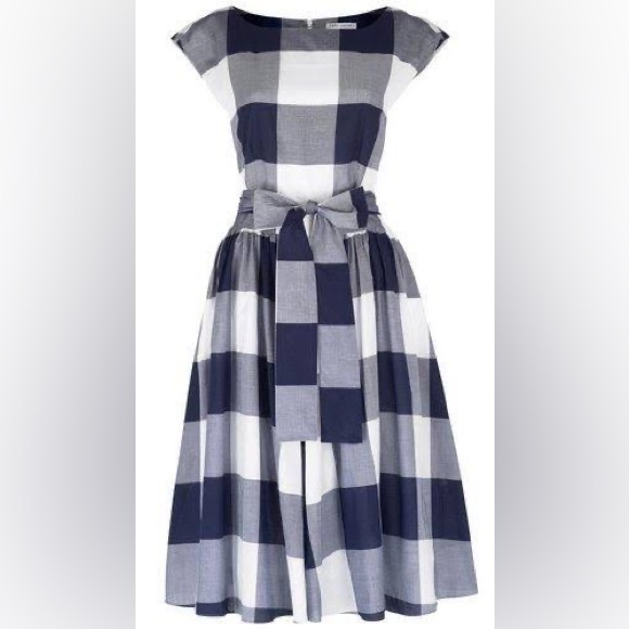 LAURA ASHLEY Cotton Blue White Picnic Check Fit and Flare Midi Dress - Picture 4 of 12